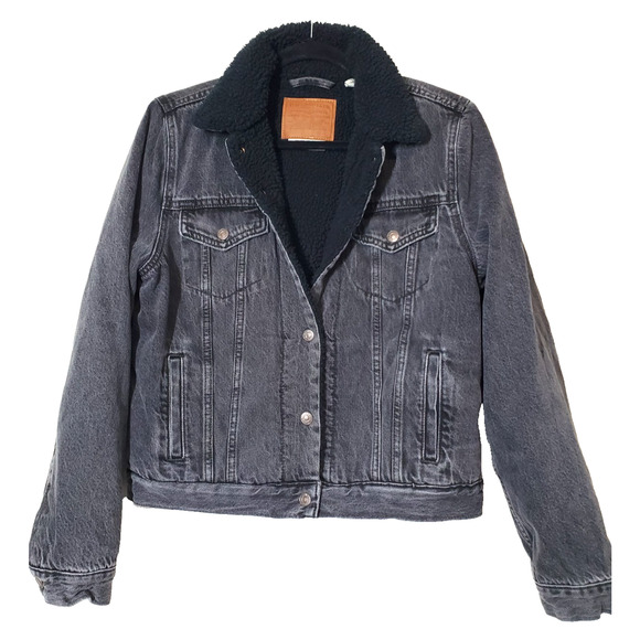 Levi's Women's Medium Sherpa Lined Tucker Jacket Black Cropped Premium - Picture 1 of 7